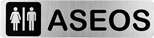 Becral® - Señal de acero inoxidable ASEOS HOMBRE MUJER Y MINUSVÁLIDOS 200X50mm señal informativa (Aseo Mixto)