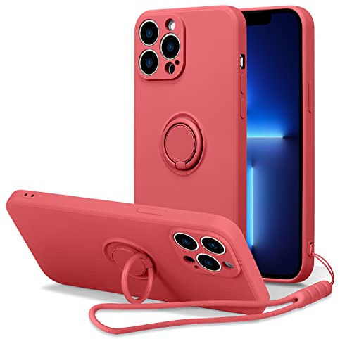 UEEBAI Fodral för iPhone 14 Pro Max, 6,7 tum, ultratunt silikonmobiltelefonfodral med 360 graders vridbar ringhållare, handrem, magnetisk bilhållare, skyddsfodral, ställfunktion – rosenröd