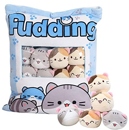 HXPLN Katze Plüsch Kissen, Abnehmbare Spielzeug, Pudding Katze Kissen, Tasche mit Katzes Plüsch, Niedliche Dekoration Geschenk für Jugendliche, Mädchen, Kinder (8 Blau Kätzchen)