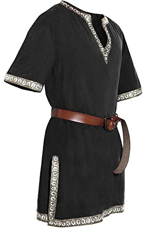 Caxndycing - Túnica de caballero para hombre, estilo renacentista, medieval, disfraz vikingo, para juegos de rol, cosplay, Halloween, fiesta, cuello recto, Negro , L
