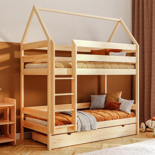 YOUKO Etagenbett Kinderbett 180x90 cm “Bruno” - Hausbett für 2 Kinder mit Leiter- Hochbett Kinder - Holzbett Kiefer Ohne Matratze