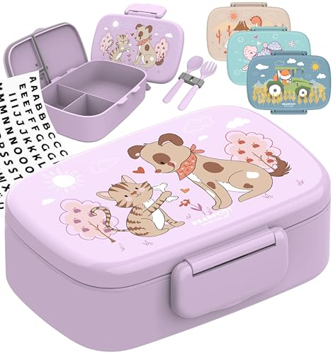 BEARFOOT Brotdose Kinder mit Fächern, BPA frei, Lunchbox, Bento box, Brotbox, Brotdose Mädchen & Jungen, Snackbox, 100% auslaufsicher, Vesperbox für Kindergarten, Schule (Hund&Katze-lila)