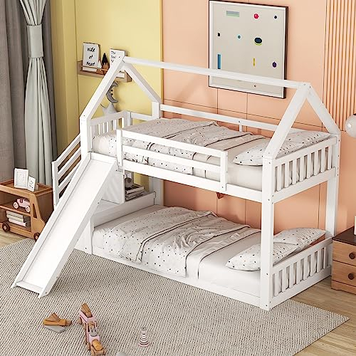 Zravenna Lit superposé, 90 x 200 cm, mezzanine, avec toboggan, lit double, avec escalier de rangement et toboggan, lit d'enfant avec balustrade, convient aux enfants, blanc (blanc, 90 x 200 cm)