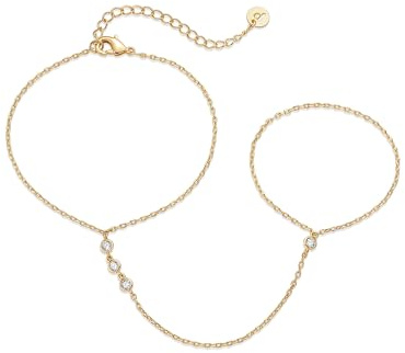 PAVOI 14K Yellow Gold Plated Cubic Zirconia Hand Chain Bracelet for Women | Dainty Station Bracelet and Ring Chain Body Jewelry