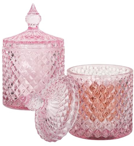 2 Pack Qtip Holder Thick Glass Apothecary Jars with Lid for Bathroom Decor Storage Organizer for Cotton Swabs, Balls, Pads, Floss Picks, Candy, Jewelry, Pink