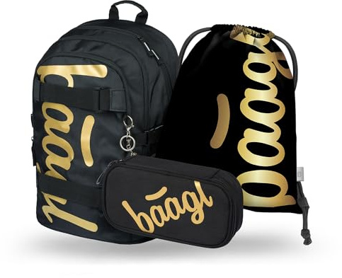 Baagl Schulrucksack Set Mädchen Jungen 3 Teilig, Schultasche ab 3. Klasse, Grundschule Ranzen mit Brustgurt, Ergonomischer Schulranzen (Skate Gold)
