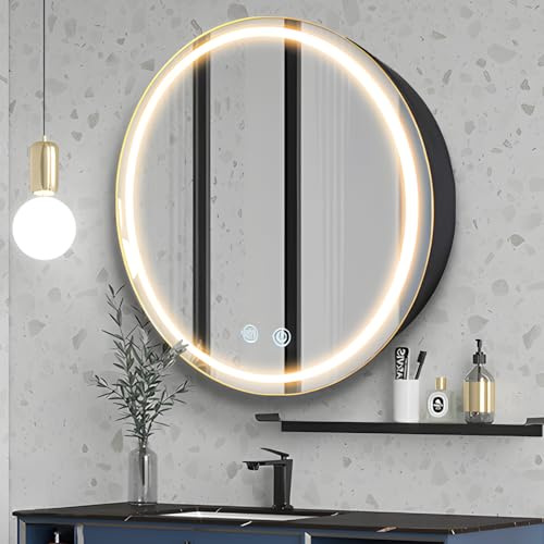 Janboe 61cm Round Mirror Cabinet with Lights,with Defogger,Dimmable,Anti-Fog,3 Colors,Black
