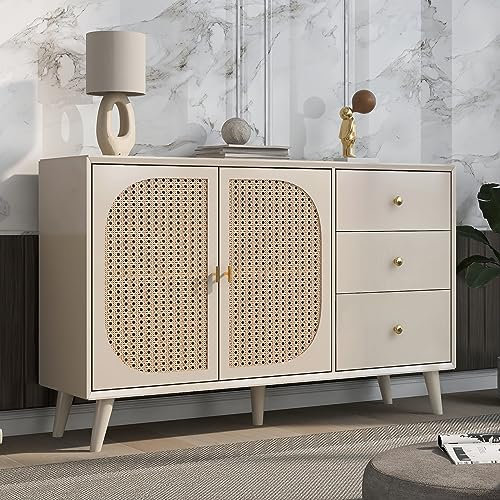 IDEASY Rattan Sideboard Kommode mit 2 Türen und 3 Schubladen, als Aufbewahrungsschrank, Kommode, TV-Tisch mit viel Stauraum für Esszimmer, Wohn- & Schlafzimmer, weiß-Creme, 120 x 40 x 82,5 cm