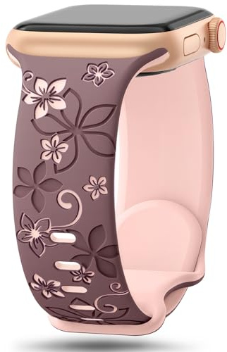 Floral Engraved Silicone Strap Compatible with Apple Watch Straps for Women | Cute Flower Band, Soft Sport Strap 38mm 40mm 41mm 42mm 44mm 45mm 46mm 49mm for iWatch Series 11 10 9 8 7 6 5 4 3 2 1 SE Ultra