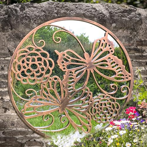 Outdoor Wall Mirror Round Garden Decor - Copper with Butterflies Makes a Ideal Memorial for Mum or Dad 650mm x 650mm (Copper, 65cm Round Butterflies)
