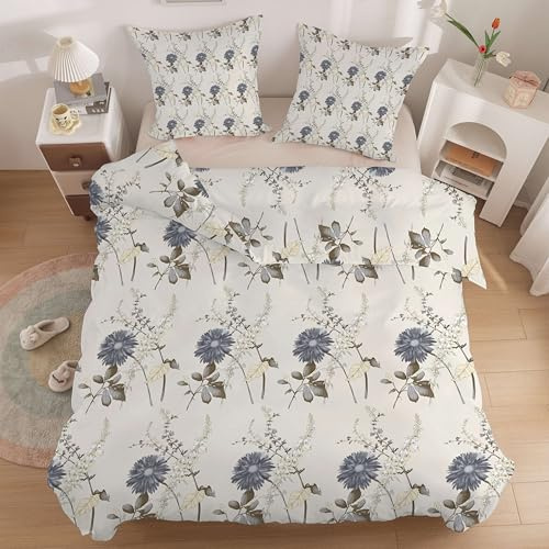Linfye Grau Blumen Bettwäsche 135x200 cm Beige Pflanze Bettwäsche-Sets Kinderbettwäsche Braun Blätter Bettbezug 135 x 200, Weich Mikrofaser Bettbezüge mit Reißverschluss + 2 Kissenbezug 80x80 cm