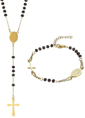 Flongo 2 Stücke Rosenkranz Armband Halskette: Schmuck Set mit Kreuz Anhänger Katholische Jungfrau Maria Gold Schwarz Rosenkranz Edelstahl Verstellbares Armkette Kette Religiöser Schutz Virgin Mary