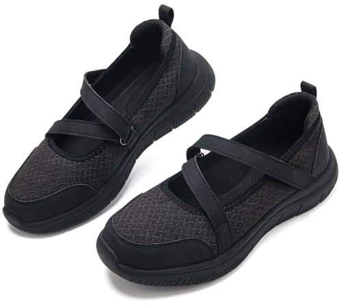 Womens Mary Jane Shoes Comfort Memory Foam Arch Support Orthopedic Shoes Ladies Trainers Casual Lightweight Hook and Loop Flats All Black UK 6