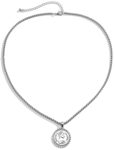 Epinki Herren Halskette, Freundschaftskette Anhänger Rund Tag Münzen, Edelstahl Erbskette Silber, 57CM
