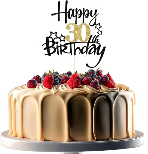 XINCHENG 1Pcs Birthday Cake Toppers, Black and Gold Glitter Cake Decorations, Happy 80th Birthday Cake Toppers for Men and women Themed Party