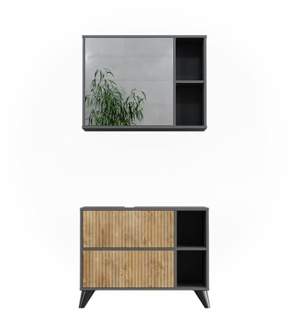 Vicco Badmöbel-Set Leano, Anthrazit/Bergeiche, 80 cm | besteht aus Badspiegel und Waschbeckenunterschrank