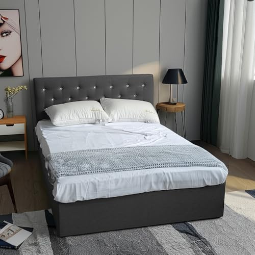 Panana Upholstered Ottoman Double (4ft6) Grey Linen Fabric Storage Bed, Gas Lift Up Bed Frame with Storage, End Opening Wooden Slats (Grey with Crystal Headboard, Double)