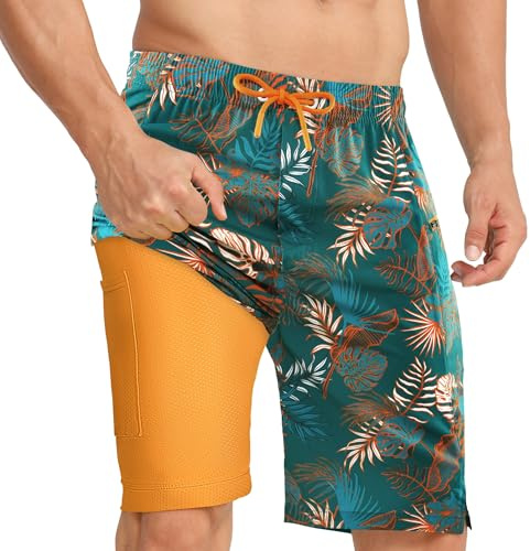 APTRO Badbyxor för män, långa med kompressionsliner, snabbtorkande badshorts, badbyxor, 2 i 1 badbyxor med dragkedja, innerbyxor, surfing, strandbyxor, Färgglad orange Mk328, XXL