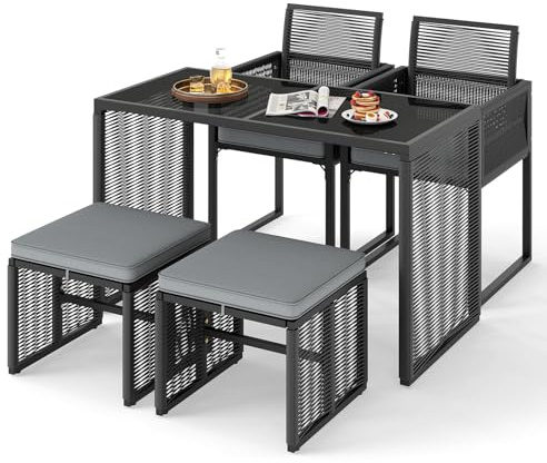 GIANTEX Set di 2 sedie con sgabello, mobili da balcone in rattan, set di mobili da balcone, set da 2 sedie con sgabello, mobili da terrazza per esterni, set da balcone per 4 persone, piccolo