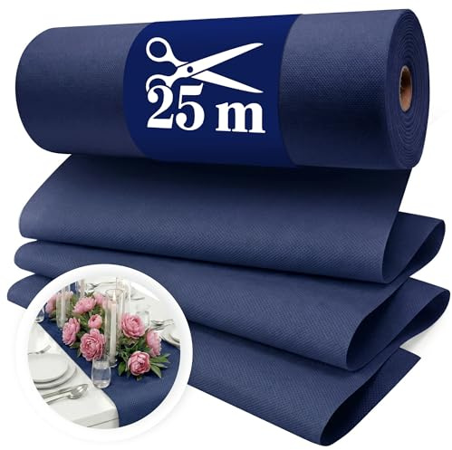 Chemin de table en non-tissé - Bleu foncé - 30 cm x 25 m - Jetable - Décoration de table élégante pour mariage, communion, baptême, anniversaire, Noël et fêtes à la bière