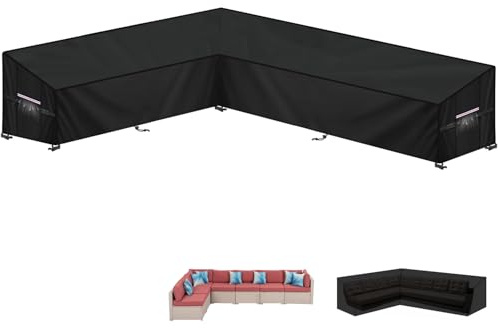 LAMUNI Outdoor Sofa Covers Waterproof L-Shape Garden Lounge Covers | 420D Oxford Rattan Corner Sofa Cover L-Shaped Patio Furniture Cover, Garden Sofa Covers with Air Vent, 270x340x100x80/60cm