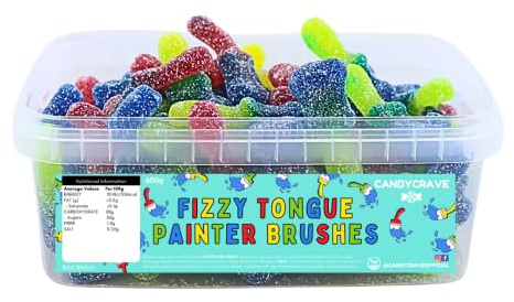 Candycrave Fizzy Tongue Painter Brushes Tub 600g | Paintbrush-Shaped Jelly Sweets | Light Fizzy Coating – Not Sour | Turns Tongue Blue | Party & Pick & Mix Favourite
