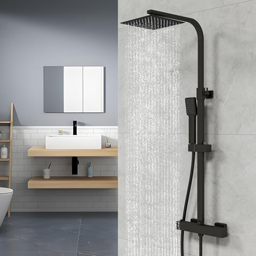HAPAOSO Colonne de Douche Thermostatique 38 °C, Colonne de Douche Réglable en Hauteur, Ensemble de Pommeau et Douchette pour Salle de Bain (Noir)