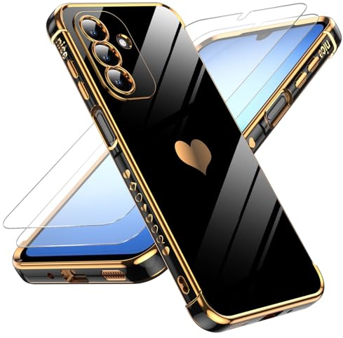 LeYi Coque pour Samsung A17 / A 17 5G avec 2 Verre Trempé Silicone Forme de Coeur d'amour, Housse Étui de Protection Antichoc Anti-Rayures Souple TPU Légère Coque A17 5G - Noir