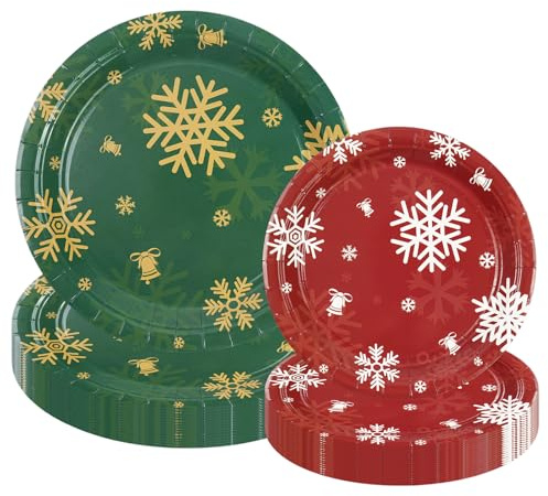 50PCS Christmas Paper Plates, Green Snowflake Xmas Plates 9'' Dinner Plate and 7'' Dessert Plate Disposable Tableware Dinnerware Set for Winter Christmas Holiday Party Supplies Decorations Table Decor