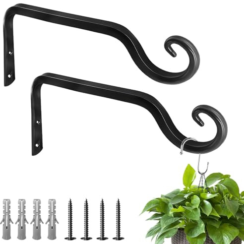 AMFUN 2 Pièces Supports de Panier à Suspendre Metal, Crochets Muraux Décoratifs D'extérieur, Métal Mur Crochet Swag pour Jardinières, Distributeur de Nourriture D'oiseaux, Lanternes(Noir-25cm)