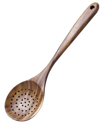 FSSTUD 28.5 cm Wood Serving Slotted Spoon Long Wooden Kitchen Skimmer Cooking Colander Spoon Large Strainer Spoons Soup Skimmer Ladle Natural Wooden Cooking Utensil Spoons for Stirring Draining