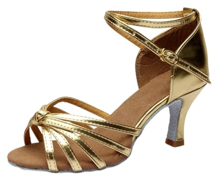 Women's Latin Dance Shoes Knot Decor Slip On Sole Comfortable Evening Shoes Mid Heel Casual Indoor Shoes, gold, 5 UK