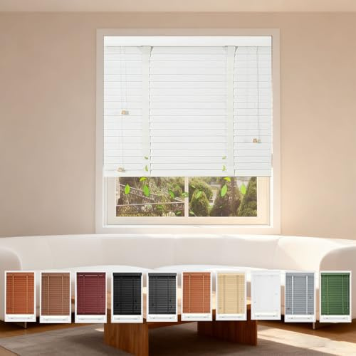 Room Darkening Wood Venetian Blind Blinds Privacy Horizontal Blind Shades for Nterior Windows Faux Wooden Blinds Custom 11-76 inch Wide for Home Office Bedroom Bathroom Kitchen(White)
