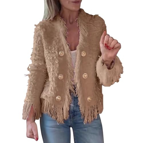 Generisch Cardigan da donna alla moda con frange, soffice, maglione lavorato a maglia, oversize, elegante, alla moda, per autunno e inverno, cachi, M