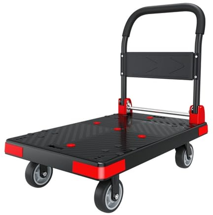 Carretilla de Mano Carro Multiusos de Plataforma Plana con Ruedas silenciosas 5 Pulgadas, Carro Transporte Plegable Transpaleta Manual(Red)