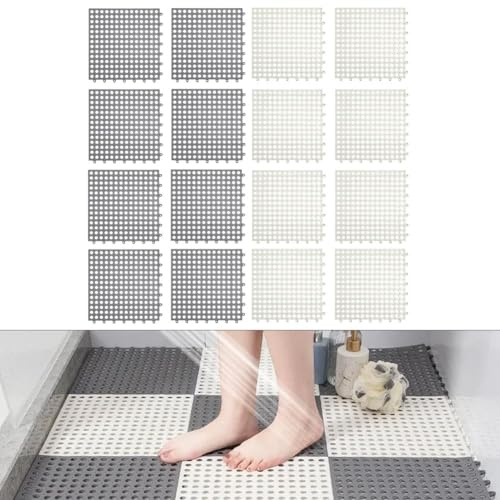 BlesConi Tappetino drenante per bagno, cucina, garage, piastrelle antiscivolo in polipropilene ad incastro, grigio, 30 x 30 cm, 8/16 pezzi
