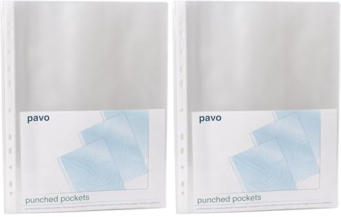 Pavo Premium Prospekthuellen/Klarsichthüllen - DIN A4, Oben Offen, 11 Fach Lochung, Dokumentenecht, PP, 100-er Pack, 50 mic, glasklar/transparent (Packung mit 2)