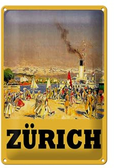 Femer Cartel de chapa de viaje 20 x 30 cm Zurich vapor transeúntes nostálgico cartel decorativo