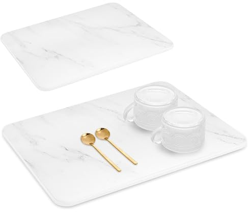 Tapis de séchage en pierre pour comptoir de cuisine, tapis en pierre à séchage rapide 15, 8 x 11, 8 pouces, absorbant la diatomite pour la vaisselle et les tasses, design en marbre blanc, décoration