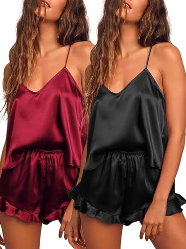 Ekouaer 2-pack satinpyjamas dam sexig pyjamas kort pyjamas-set ärmlös nattkläder dam Cami Top och shorts sovkläder S–XXL