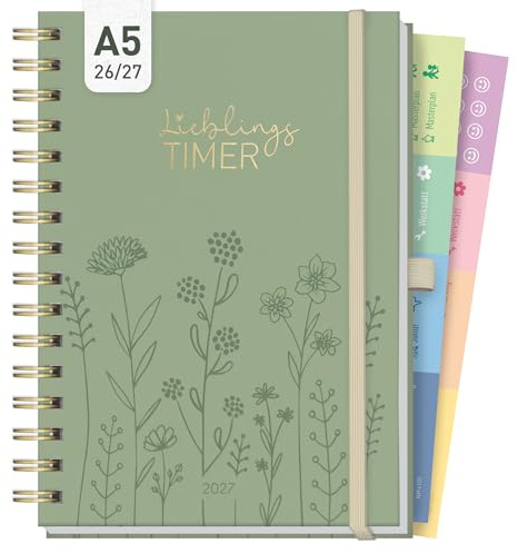 Häfft® Lieblings-Timer Deluxe Kalender 26/27 A5 Fine Flowers salbei | 17 Monate Ringbuch-Kalender mit Wochenplaner mit Hardcover und Spiralbindung, Terminkalender von August 26 bis Dezember 27
