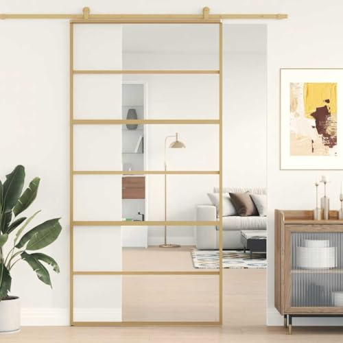Juego completo de puertas correderas de cristal corredizo, puerta corredera dorada, 102,5 x 205 cm, vidrio templado transparente y aluminio, para espacio valioso en la habitación