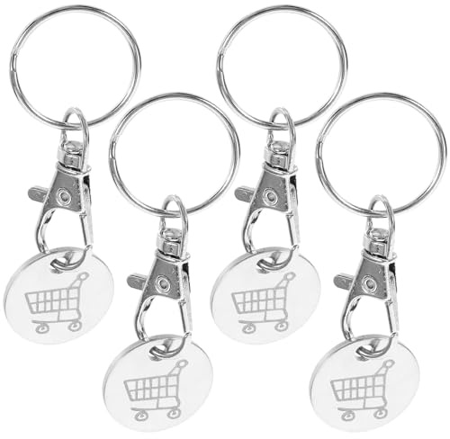 GLEAVI 4pcs Shopping Trolley Token Keychain Set White Logo, Metal Quarter Holder Key Rings for Grocery Cart Release, Portable Tokens Holder Keyring for Shopping