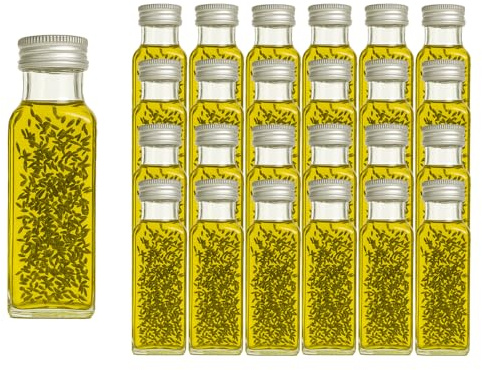 hocz 24x leere Glasflaschen 100ml Schraubverschluss Gold Eckig - kleine Flaschen zum Befüllen mit Deckel - für Saft, Getränke, Likör, Öl, Saucen - 24 Stück, Maraska