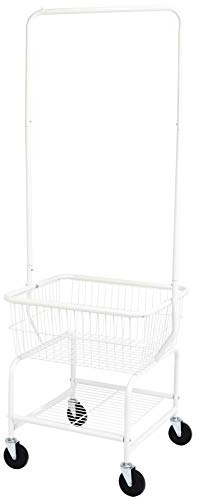 Amazon Basics Rectangular Laundry Hamper Basket Butler Cart with Wheels and Hanging Rack, Sturdy Metal, 71.1 inches Height, White