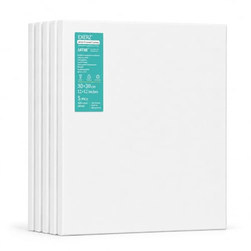 EXERZ Lienzos preestirados 30x30cm Juego de 5 / Lienzos Enmarcados/ 280GSM/Pre-Estirado 100% Algodón/Color Blanco/Triple Preparado/Libre de Acido/Hebra Media / 1,7cm de Espesor