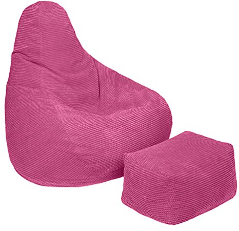 Loft 25 Sitzsack mit Hoher Rückenlehne für Erwachsene | Cordstoff, Innenfutter | Ergonomisches Design für Körperunterstützung (Rosa, Sitzsack+Hocker)