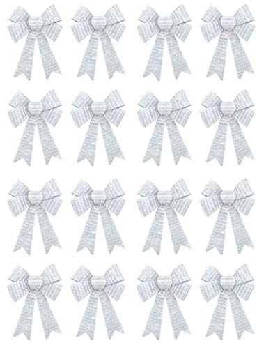 DARO DEKO Glitzer Schleife 13 x 17cm - 16 Stück Silber-Weiß mit Glitter-Fransen