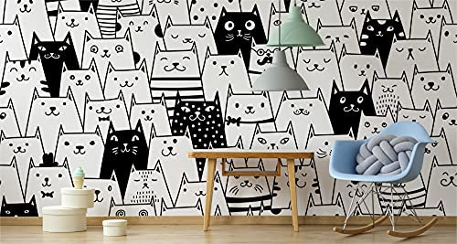 Muralo Non-Woven Photo Wallpaper 152.5 x 104 cm Children's Black and White Cats Modern Wallpaper Children's Bedroom Wall Pictures Wall Wallpaper XXL Width 152.5 cm x Height 104 cm