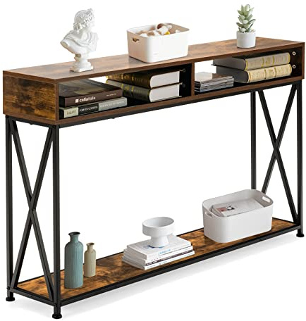 GOPLUS Konsolentisch, schmaler Flurtisch mit 2 Etagen & stabilem X-Rahmen, 120 cm x 23 cm x 79 cm, 2 Ebenen, für Flur, Wohnzimmer, Schlafzimmer (Braun)
